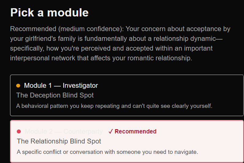 A real screen from the Introvue app: picking an interview module